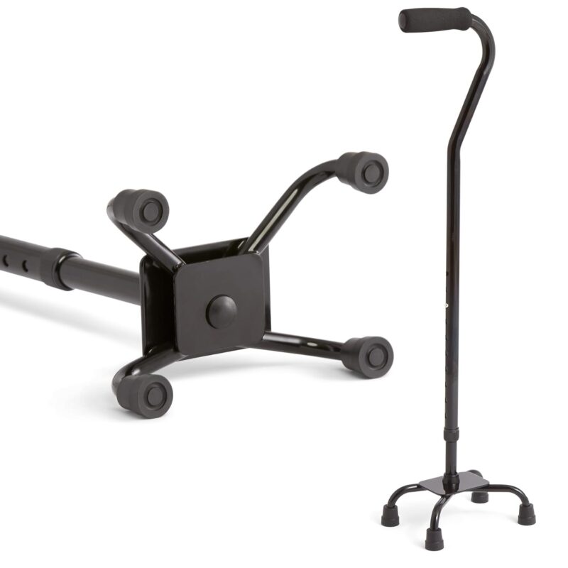 Aluminum Quad Cane with Small Ba for Balance, Knee Injuries, Leg Surgery Recovery & Mobility, Portable, Lightweight Walking Aid for niors & Adults