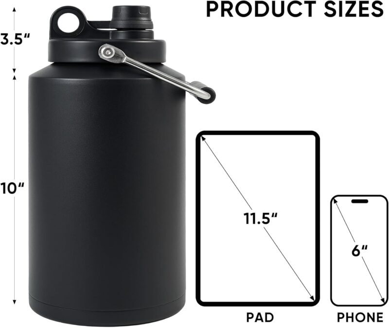 Insulated Jug with Handle, One Gallon, 128oz Stainless Steel, Large Double Vacuum Water Bottle for Hot & Cold Drinks, Wide Mouth, Sweat Proof, Great for Travel, Hiking & Camping, Black - Image 2
