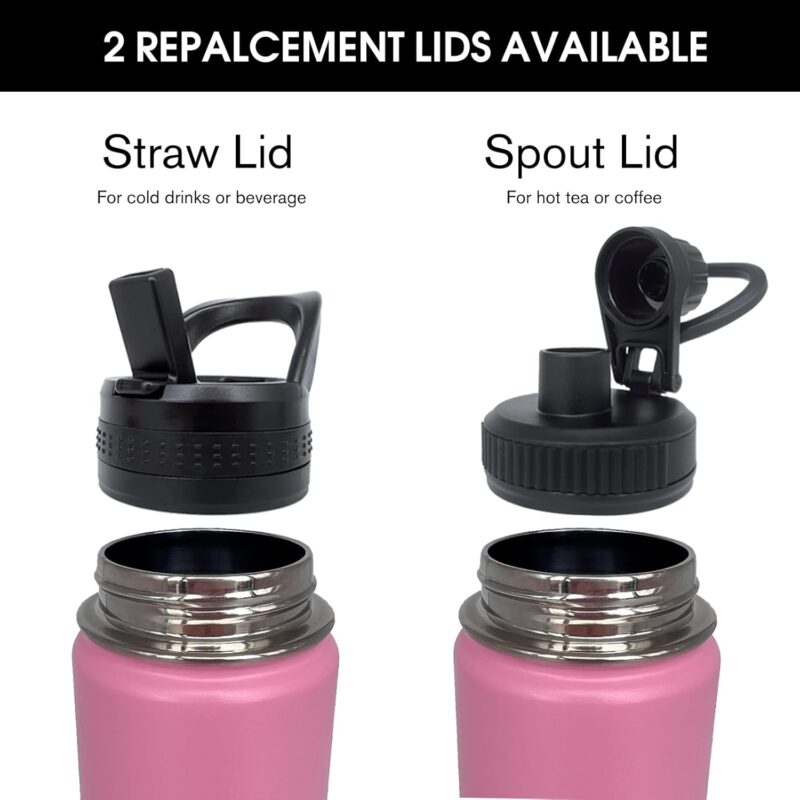1pack 22 oz Insulated Water Bottle With Straw, Stainless Steel Sports Water Cup Flask with 2 Lids, Wide Mouth Travel Thermal Mug,Pink - Image 2