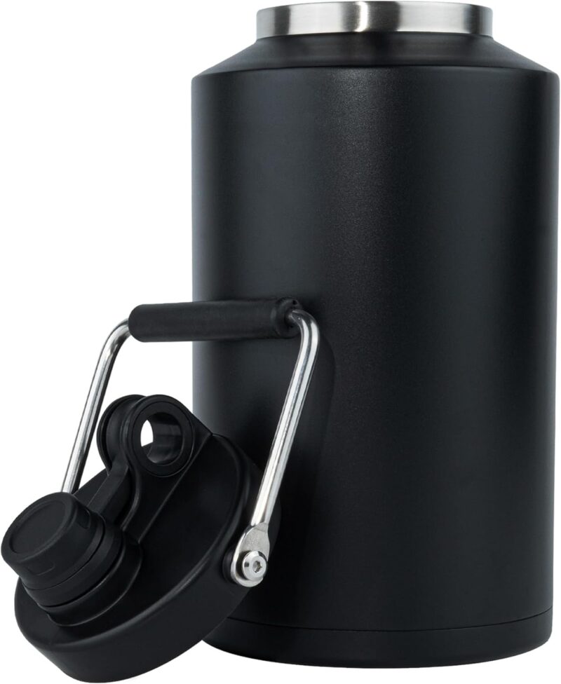 Insulated Jug with Handle, One Gallon, 128oz Stainless Steel, Large Double Vacuum Water Bottle for Hot & Cold Drinks, Wide Mouth, Sweat Proof, Great for Travel, Hiking & Camping, Black