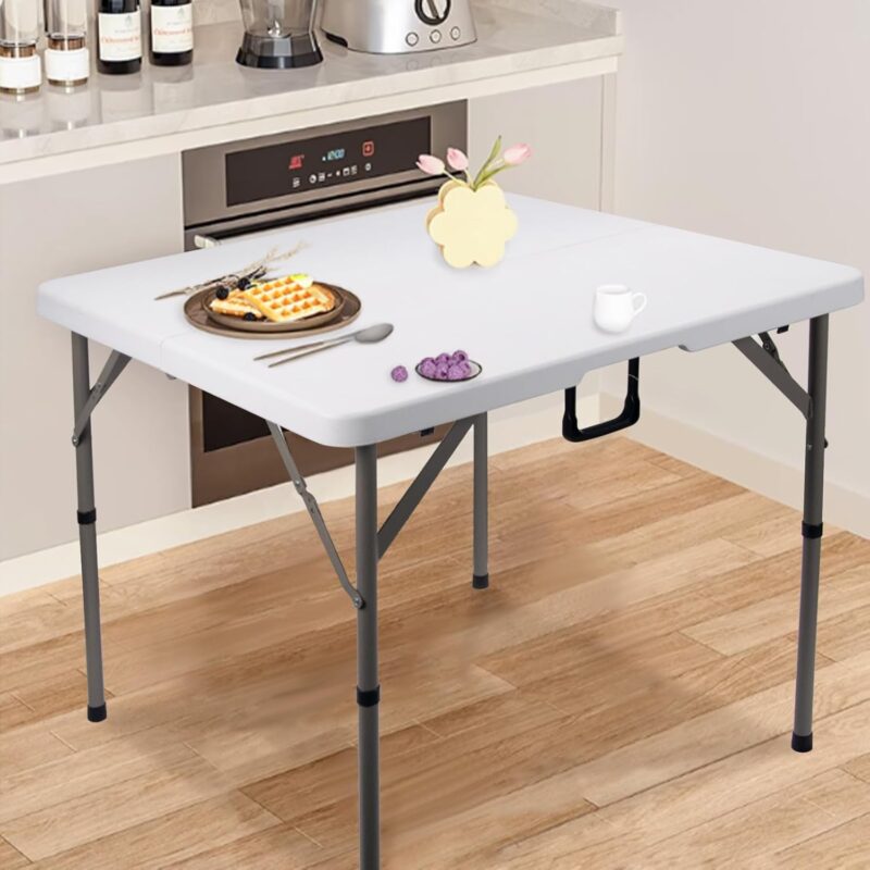 34" Square Folding Card Table, Fold-in-Half Utility Dining Portable Table Heavy Duty HDPE White Plastic Foldable with Carrying Handle Indoor Outdoor for Picnic, Camping, Party - Image 2