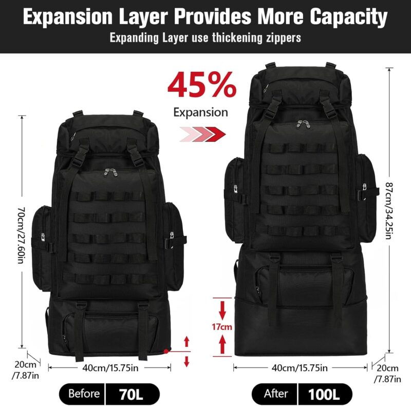 70L/100L Large Camping Hiking Backpack with Rain Cover, Waterproof  Rucksack Military Tactical Backpack, Lightweight Backpacking Daypack for Trekking Climbing Outdoor - Image 2