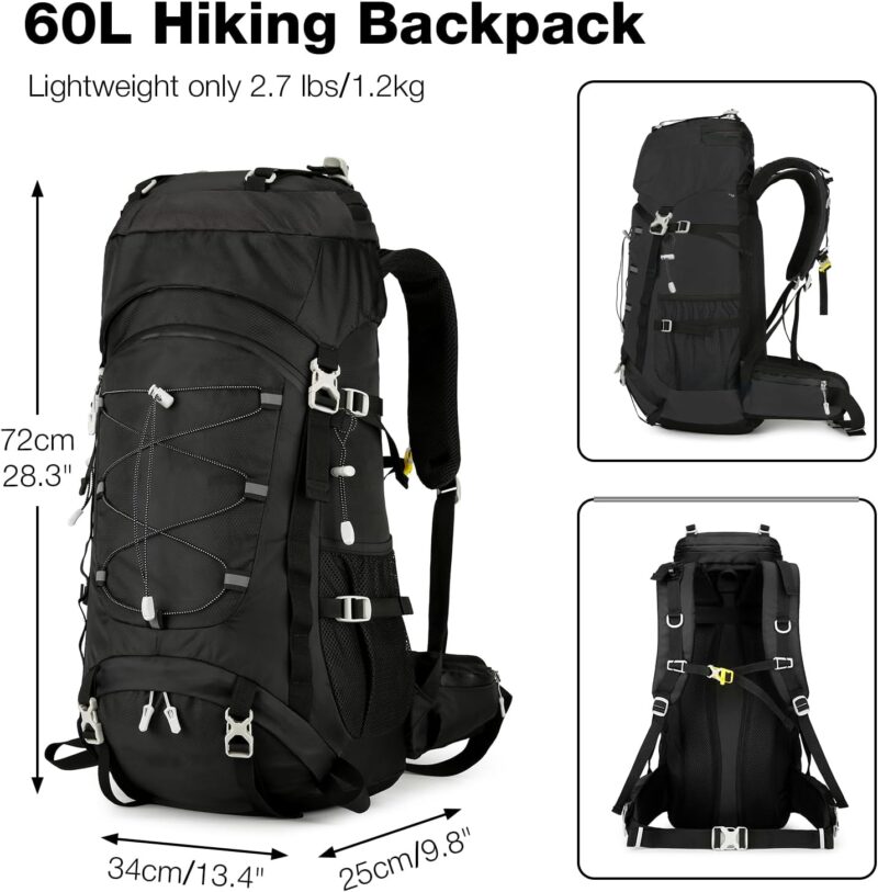 60L Hiking Backpack Men Women, Large Backpacking Backpack Packs, Waterproof Camping Bakcpacks Bag with Rain Cover, Camping Essentials for Trekking Travel, Black - Image 2