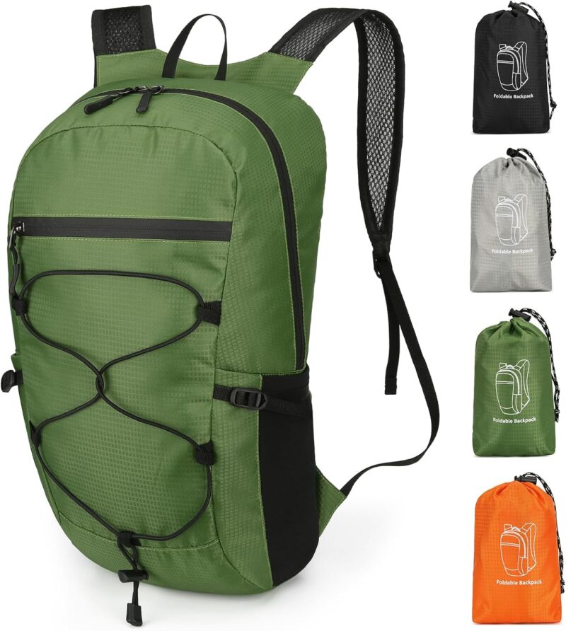 15L Small Foldable Hiking Backpack for Men Women, Packable Backpack, Collapsible Daypack for Casual, Green