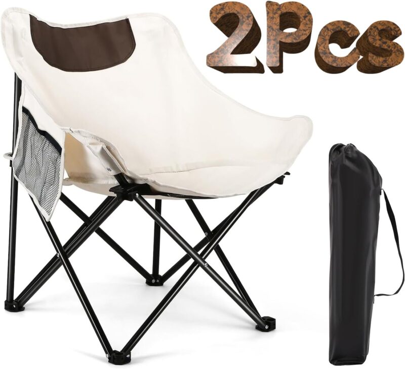 2Pcs Folding Moon Chair, Portable Lightweight Camping Chair with Side Pocket, Foldable Backpacking Chair Ultra Durable for Outdoor Hiking Beach Travel with Carrying Bag, Supports up to 300LBS
