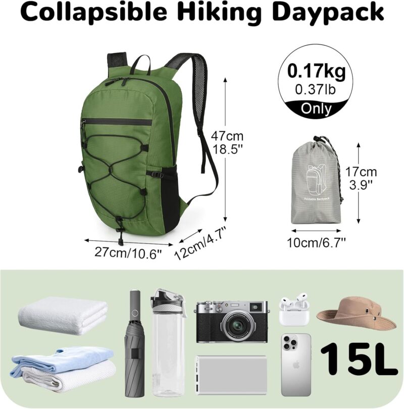 15L Small Foldable Hiking Backpack for Men Women, Packable Backpack, Collapsible Daypack for Casual, Green - Image 2