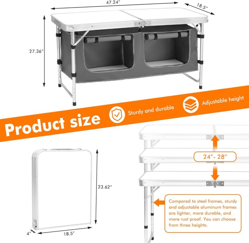 Camping Folding Aluminum Table with Adjustable Legs for Outdoor Travel Beach, Backyards, BBQ, Party and Picnic Foldable Table - Image 2