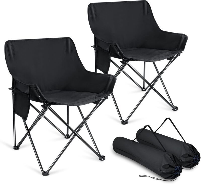 Outdoor Camping Chair for Adult, Large Portable Folding Moon Chairs with Carry Bag for Patio Beach, Fishing, Lawn and More Outdoor Sports, 600D Oxford Fabric & Heavy Duty Steel (2, Black)