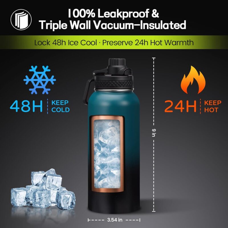 32 oz Water Bottles Insulated Flask - Stainless Steel Metal Water Jug Keep Cold-48h & Hot-24h, Triple-Wall Thermal Fitness Sports Water Bottle with Paracord Handle, Straw & Spout Lids, Bottle Sleeve - Image 2