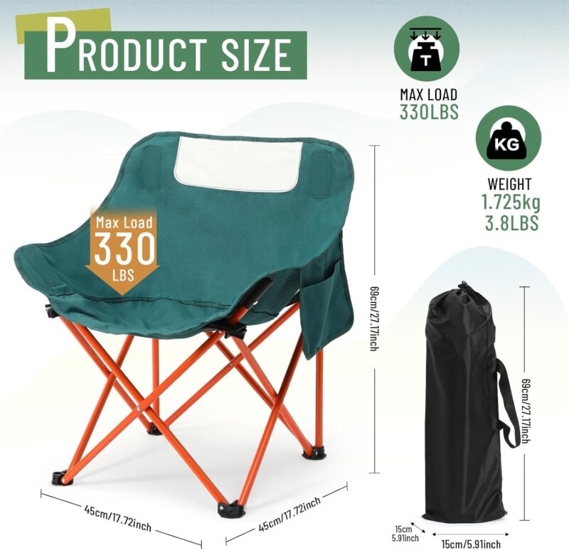 2 Pack Compact Camping Chairs Portable Folding for Outside with Carry Bag Lightweight Moon Chairs for Travel Picnic Hiking Beach Fishing, 600D Oxford, Supports 330lbs(Green, Black) - Image 2