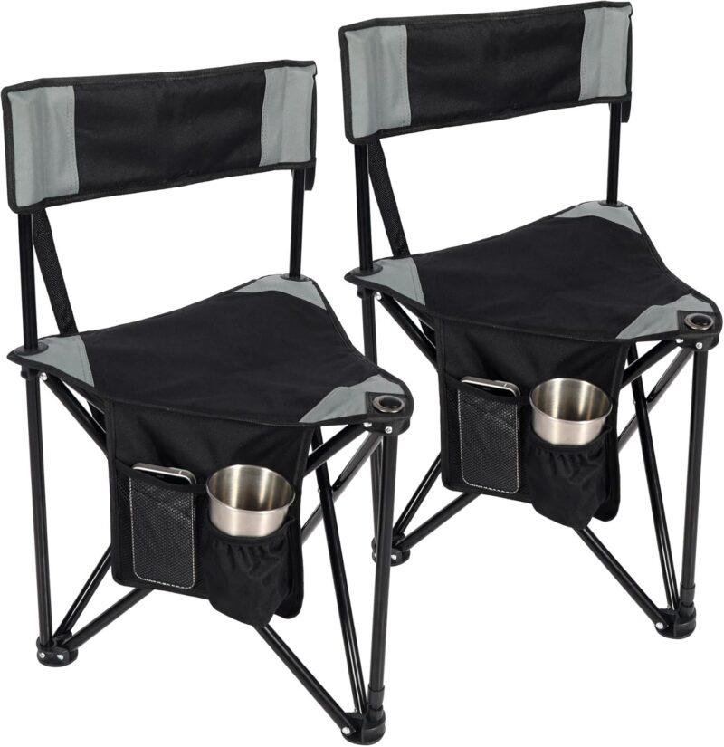 2 Pack Tripod Camping Chairs Folding Lightweight, Portable 3 Legged Tripod Stool Seat with Backrest, Small Golf Chair Compact for Adults Fishing Hunting, Black