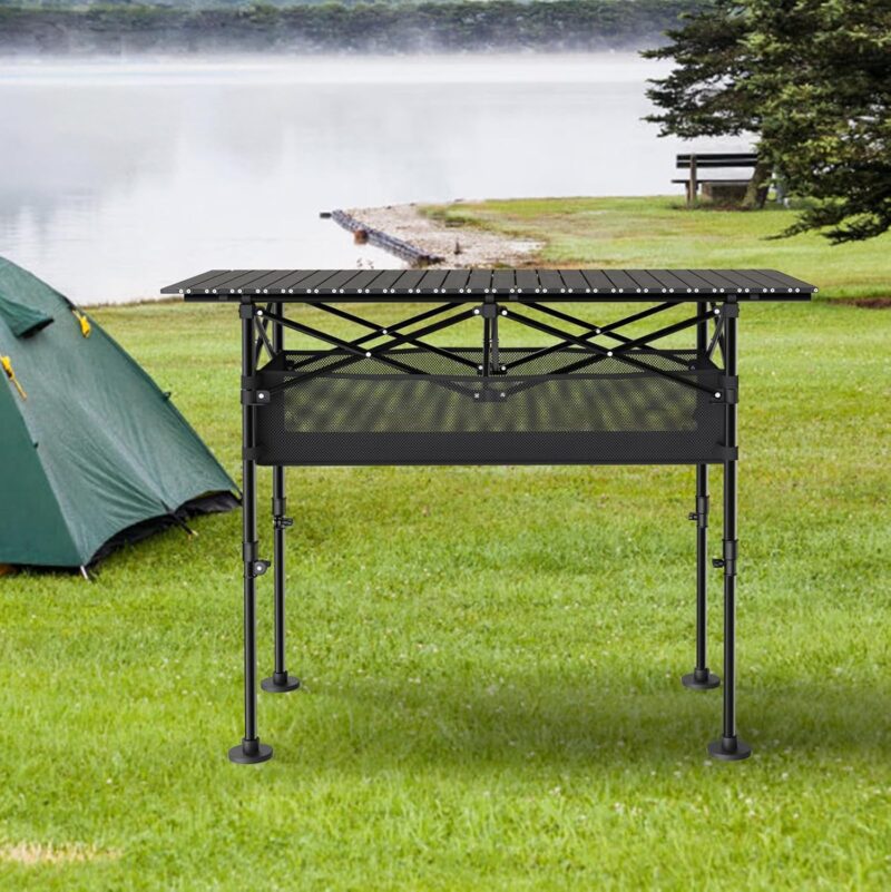 Height Adjustable Camping Table, Outdoor Folding Camping Table with Mesh Storage/Carrying Bag, Portable Aluminum Roll-up Table for Camping, Party, Backyard, BBQ - Image 2