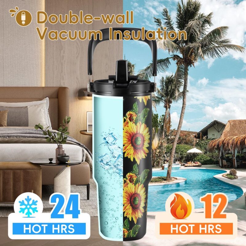 30 oz Tumbler with Handle and Flip Straw, Stainless Steel Vacuum Insulated Water Bottle Travel Mug Thermal Cup for Home, Office, Car, Outdoors, Sports, Sunflower - Image 2