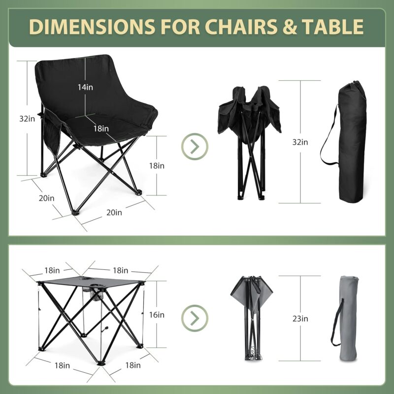 Camping Chairs Set for Adults, 2 Black Folding Moon Chairs & 1 Lightweight Camp Table, with Side Pockets & Cup Holders, Carrying Bags Portable for Outdoor Travel Beach Backyard Fishing Hiking - Image 2